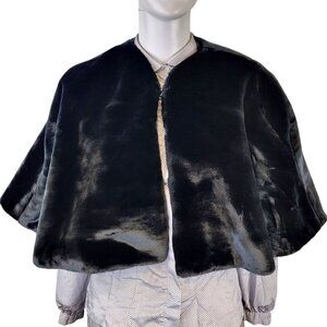 Vintage 70s Black Faux Fur Cape Jacket Women One Size Formal Coat Wrap Winter